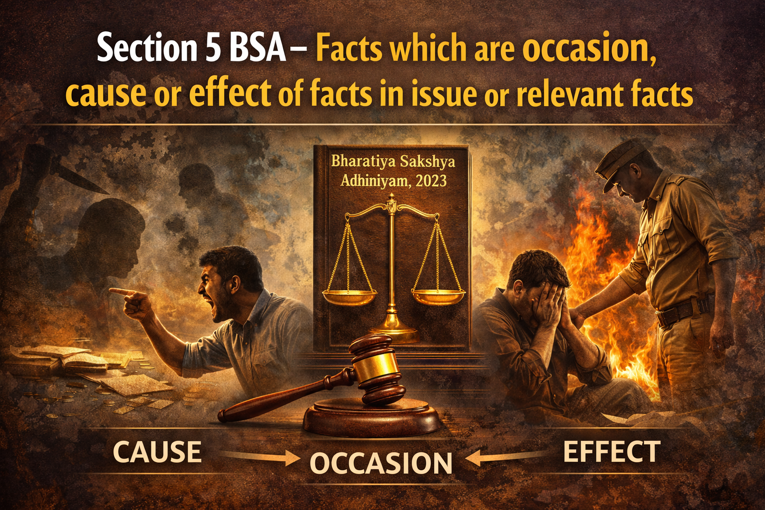 Section 5 BSA – Facts which are occasion, cause or effect of facts in issue or relevant facts The Bharatiya Sakshya Adhiniyam 2023 introduced essential legal changes which transformed Indian evidence law. This law replaced the British colonial Indian Evidence Act of 1872 while maintaining essential legal principles. Section 5 of the Bharatiya Sakshya Adhiniyam 2023 contains its main provision which addresses how nearby factors connect to proof. The Bharatiya Sakshya Adhiniyam 2023 brought significant changes to Indian evidence law through its implementation. The legislation updated Indian Evidence Act 1872 which had been in place since colonial times while maintaining essential legal principles.. The Bharatiya Sakshya Adhiniyam 2023 contains its most important provision about how surrounding conditions affect evidence evaluation through Section 5. The provision titled Section 5 BSA – Facts which are occasion, cause or effect of facts in issue explains that facts connected with the cause, occasion, or consequences of an event may become relevant during a trial. In criminal and civil proceedings, courts rarely rely only on the central fact in dispute. Instead, they examine surrounding circumstances that help explain how an incident occurred. Therefore, Section 5 BSA – Facts which are occasion, cause or effect of facts in issue plays an important role in determining the truth by allowing courts to consider connected facts that explain the context of the main issue. Understanding Section 5 BSA – Facts which are occasion, cause or effect of facts in issue The rule under Section 5 BSA – Facts which are occasion, cause or effect of facts in issue states that facts which form the background, origin or consequences of a disputed fact can be treated as relevant evidence. The principle receives extensive examination because its bold keywords Section 5 BSA explained and Section 5 Bharatiya Sakshya Adhiniyam explanation enable courts to assess how they evaluate surrounding evidence. In simple terms, the provision means that when an incident occurs, certain facts may explain: Why the incident happened What circumstances led to the incident What consequences followed the incident These surrounding facts become relevant under the Indian evidence law relevant facts rule. For example, if a crime occurs, the motive behind the act, the situation leading to the act, and the consequences afterward may all become important in court. Thus, Section 5 BSA – Facts which are occasion, cause or effect of facts in issue ensures that courts consider the full context of an event rather than isolating a single fact. Key Concepts Under Section 5 BSA Legal Provision To understand the application of this law, it is necessary to examine the important components of the Section 5 BSA legal provision. 1. Occasion of the Fact One important element of Facts which are occasion cause or effect BSA is the concept of “occasion.” Explanation Occasion refers to the circumstances or situation that created the opportunity for an event to occur. For instance: A dispute between two individuals at a public gathering A sudden confrontation at a workplace A heated argument during a family event Such circumstances may explain how a particular incident became possible. Therefore, the occasion becomes relevant evidence under Relevant facts under Section 5 BSA. 2. Cause of the Fact Another important element in Section 5 BSA – Facts which are occasion, cause or effect of facts in issue is the cause of an event. Explanation Cause refers to the factor or reason that directly led to the occurrence of a particular act. Examples include: Long-standing enmity between parties Financial disputes Property conflicts In criminal law, determining the cause helps courts understand the motive or trigger behind a crime. This concept is often discussed in Occasion cause or effect in evidence law because it reveals the origin of the disputed act. By examining the cause, courts can better determine whether the accused had a reason to commit the alleged offence. 3. Effect of the Fact The third component of Section 5 BSA – Facts which are occasion, cause or effect of facts in issue relates to the consequences of an event. Explanation Effect refers to what happened after the incident took place. For example: Injuries suffered by a victim after an assault Damage caused to property after a violent act Behavioral changes in individuals after a crime These consequences may help courts understand the seriousness and impact of the event. Under Facts in issue and relevant facts BSA, the effect of an act can sometimes provide strong evidence about what actually occurred. Importance of Relevancy of Facts in Bharatiya Sakshya Adhiniyam The concept of Relevancy of facts in Bharatiya Sakshya Adhiniyam is fundamental to the law of evidence. Courts must determine which facts are important for proving or disproving a case. The rule established by Section 5 BSA – Facts which are occasion, cause or effect of facts in issue is significant because: It allows courts to consider surrounding circumstances. It helps explain the sequence of events leading to the dispute. It strengthens the logical connection between evidence and the fact in issue. Without this rule, courts might ignore important contextual facts that help reveal the truth. Therefore, the Evidence law occasion cause effect rule ensures that justice is based on a complete understanding of the situation. Section 5 BSA Examples in Evidence Law Examples of Section 5 of the BSA in the law of evidence illuminate the operation of a rule in real cases. Example 1: Criminal Assault Case Suppose a person is accused of attacking another individual. Relevant facts may include: A heated argument between the accused and the victim before the incident Witnesses who saw the confrontation Medical evidence showing injuries suffered by the victim These facts represent the occasion, cause, and effect of the crime. Under Section 5 BSA – Facts which are occasion, cause or effect of facts in issue, they become relevant in court. Example 2: Property Dispute In a case involving property damage, the following facts may be relevant: A previous conflict between neighbors Threats made before the incident Damage observed after the incident These circumstances may help the court determine responsibility under Relevant facts under Section 5 BSA. Role of Courts in Applying Section 5 BSA Explained When applying Section 5 BSA explained, courts examine several factors to determine whether a fact is relevant. Important considerations include: The connection between the fact and the main issue The reliability of evidence presented The logical relationship between the surrounding circumstances and the disputed act By applying these principles, courts follow the Indian evidence law relevant facts rule, ensuring that only relevant facts influence the final decision. Old Section 7 Indian Evidence Act Comparison Before the enactment of the Bharatiya Sakshya Adhiniyam, 2023, a similar rule existed under Section 7 of the Indian Evidence Act, 1872. Provision Under the Old Law Section 7 of the Indian Evidence Act stated that facts which were the occasion, cause, or effect of facts in issue were relevant. This rule was widely used by courts to determine surrounding circumstances in both civil and criminal cases. Continuity in the New Law The principle has been retained in Section 5 BSA – Facts which are occasion, cause or effect of facts in issue. The new law reorganized the structure of evidence rules but preserved the essential legal concept. Therefore, the Old Section 7 Indian Evidence Act comparison shows that while the numbering has changed, the underlying rule remains largely the same. This continuity ensures stability in the interpretation of evidence law. Conclusion Section 5 BSA – Facts which are occasion, cause or effect of facts in issue plays an important role in determining the relevancy of evidence in legal proceedings. The provision allows courts to consider surrounding circumstances that explain how an incident occurred and what consequences followed. Through the principles discussed under Section 5 BSA explained, Facts which are occasion cause or effect BSA, and Relevant facts under Section 5 BSA, the law ensures that courts evaluate the full context of a dispute rather than isolated facts. The provision also continues the long-standing principle found in Section 7 of the Indian Evidence Act, 1872, maintaining continuity within the Indian legal system.