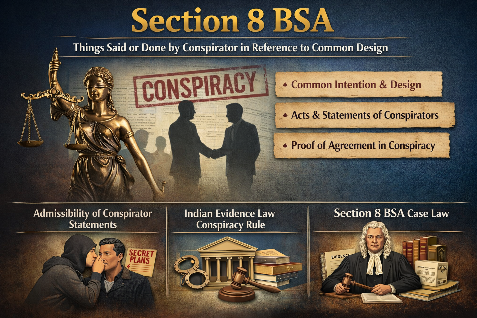 Section 8 BSA – Things Said or Done by Conspirator in Reference to Common Design The Bharatiya Sakshya Adhiniyam Section 8 explanation forms a crucial part of modern Indian evidence law. The section 8 BSA establishes rules about whether conspirators' acts and statements and declarations they made can be used as evidence for their shared illegal activities. The provision serves as an essential element for proving criminal conspiracy because direct evidence of the crime is unavailable in particular cases. In conspiracy-related offences, courts often rely on circumstantial evidence. Section 8 BSA provides the legal foundation for admitting such evidence, particularly when multiple accused persons are involved in executing a shared plan. Meaning and Scope of Section 8 BSA Section 8 BSA states that anything said, done, or written by any one of the conspirators, in reference to their common intention, becomes relevant against all conspirators. This applies as long as the acts are done during the continuance of the conspiracy. Key Elements of Section 8 BSA: Existence of a conspiracy: The two parties involved in the agreement need to establish their contract before proceeding with their plans. Common design: The act must relate to a shared unlawful objective. During the conspiracy: The parties involved in the conspiracy must demonstrate their criminal activities through their statements and actions which they conduct during the active period of the conspiracy. In reference to the design: The act or statement must be connected to the conspiracy. This reflects the Indian evidence law conspiracy rule, where each conspirator acts as an agent of the others. Role of Common Intention and Design The role of common intention and design is central to understanding Section 8 BSA. Courts must establish that all accused persons shared a unified objective. Important Aspects: Shared objective: Everything he perfected was the work of his own hands. Mutual understanding: The evolution of an agreement by conduct is evidence enough, as formal acceptance is not required. Collective liability: Every member shall be held accountable for the performance of others. In many cases, the proof of agreement in conspiracy cases is derived from behavior, communication, and surrounding circumstances rather than direct evidence. Admissibility of Conspirator Statements One of the most significant features of Section 8 BSA is the admissibility of conspirator statements. When Statements Become Admissible: Statements must be made during the conspiracy. They must relate to the common design. They must assist in achieving the unlawful objective. Explanation: Because the law takes into account that conspiracies are carried out in secret, the admission of statements by co-conspirators is therefore crucial to the proof of the offense. For example: If one conspirator communicates instructions to another, such communication becomes relevant evidence against all members. This principle strengthens the evidence of conspiracy in India, where direct proof is often unavailable. Acts and Declarations of Conspirators Under Section 8 BSA, not only statements but also the acts and declarations of conspirators are admissible. Types of Relevant Conduct: Preparatory acts: Planning meetings, arranging resources. Execution acts: Carrying out unlawful activity. Subsequent conduct: Actions showing continuation of the conspiracy. Explanation: EThe actions taken during the conspiracy show the shared intentions of all its participants. The investigators track all events which happened during the case to find out who participated in the incident. The prosecution needs to prove that the defendant maintained an ongoing connection to the criminal activity according to the rules of criminal conspiracy evidence. Proof of Agreement in Conspiracy Cases The proof of agreement in conspiracy cases is often indirect. Section 8 BSA allows courts to rely on circumstantial evidence. Methods of Proof: Communication records: Calls, messages, emails. Conduct patterns: Repeated meetings or coordinated actions. Financial transactions: Shared resources or funds. Explanation: A formal agreement is rarely documented. Courts infer conspiracy from consistent and coordinated behavior. This makes Section 8 BSA a powerful tool in criminal trials. Section 8 BSA Case Law and Judicial Interpretation Judicial interpretation has played an important role in clarifying the scope of Section 8 BSA case law. Key Principles from Case Law: The court does not accept statements which were made after the conspiracy had concluded. The existence of a conspiracy requires independent evidence to establish its existence. The prosecution needs to show more than mere association to prove that the defendant participated in the crime. Explanation: Courts emphasize caution while applying Section 8 BSA. The prosecution must prove that the accused actively participated in the conspiracy. Practical Application in Criminal Trials The application of Section 8 BSA is common in cases such as: Organized crime Fraud and financial scams Terror-related offences Drug trafficking How Courts Apply the Provision: Establish the existence of conspiracy. Identify the common intention. Examine statements and acts of conspirators. Determine their relevance to the common design. This structured approach ensures fairness while applying the Indian evidence law conspiracy rule. Limitations of Section 8 BSA While Section 8 BSA is a powerful evidentiary provision, it has certain limitations. Key Limitations: Post-conspiracy statements excluded: Statements made after completion are irrelevant. Requirement of independent evidence: Conspiracy must be proved first. Risk of misuse: Courts must avoid wrongful implication. Explanation: These safeguards ensure that innocent persons are not held liable merely due to association. Importance of Section 8 BSA in Modern Evidence Law Section 8 BSA strengthens the framework of evidence of conspiracy in India by recognizing the collective nature of criminal acts. Why It Matters: Enables courts to consider indirect evidence. Addresses the secretive nature of conspiracies. Ensures accountability of all participants. This provision reflects the evolving nature of criminal law and aligns with modern investigative practices. FAQs on Section 8 BSA 1. What is Section 8 BSA? Section 8 BSA deals with the admissibility of acts and statements made by conspirators in relation to a common unlawful design. 2. Are all statements of conspirators admissible? No, only those statements made during the conspiracy and related to the common design are admissible. 3. How is conspiracy proved under Section 8 BSA? Through circumstantial evidence such as conduct, communication, and coordinated actions. 4. What is the role of common intention? The role of common intention and design is to establish that all accused shared a unified unlawful objective. 5. Can a person be convicted only on conspirator statements? No, courts require supporting evidence along with such statements. Conclusion Section 8 BSA serves as an essential tool for proving conspiracy because it enables courts to assess statements and activities that co-conspirators have produced. The system enables investigators to establish proof of intricate criminal activities when they lack direct evidence. This law enables judicial systems to reach fair decisions about conspiracy cases by examining both the conduct and statements of conspirators together with evidence of their agreement.